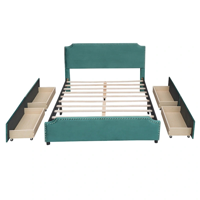 Upholstered Platform Bed with Stud Trim Headboard and Footboard and 4 Drawers No Box Spring Needed, Velvet Fabric