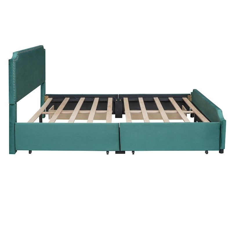Upholstered Platform Bed with Stud Trim Headboard and Footboard and 4 Drawers No Box Spring Needed, Velvet Fabric