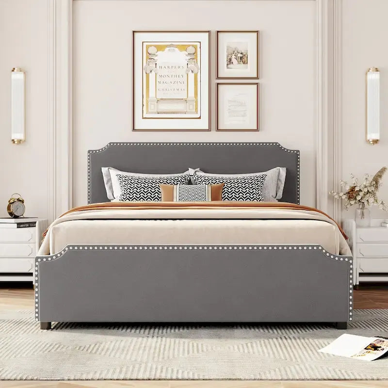 Upholstered Platform Bed with Stud Trim Headboard and Footboard and 4 Drawers No Box Spring Needed, Velvet Fabric
