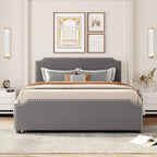 Upholstered Platform Bed with Stud Trim Headboard and Footboard and 4 Drawers No Box Spring Needed, Velvet Fabric