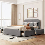 Upholstered Platform Bed with Stud Trim Headboard and Footboard and 4 Drawers No Box Spring Needed, Velvet Fabric