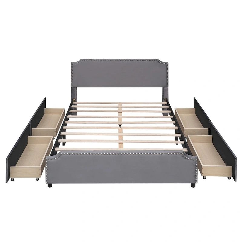 Upholstered Platform Bed with Stud Trim Headboard and Footboard and 4 Drawers No Box Spring Needed, Velvet Fabric