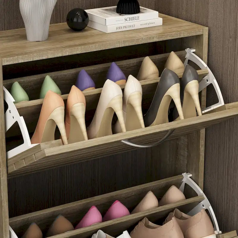 6-12 Pair Shoe Storage Cabinet Two Drawer Space Saving Grey/Oak