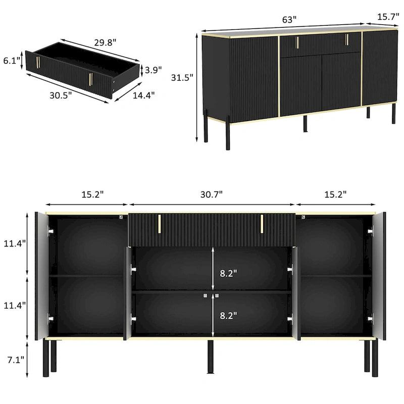 4 Doors Kitchen Sideboard 2 Top Drawers Accent Storage Cabinet
