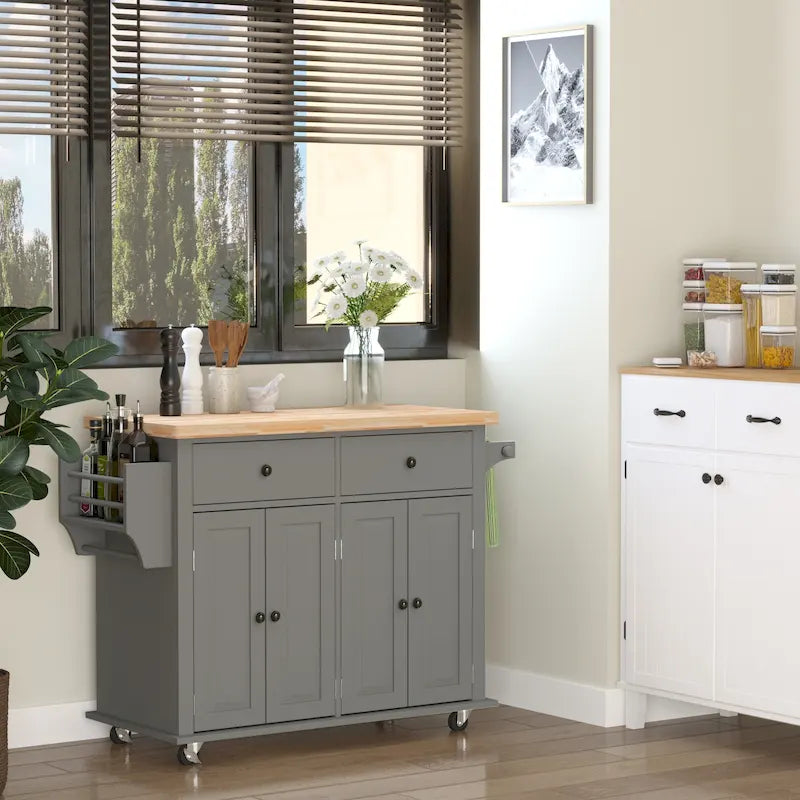 Rolling Kitchen Island Cart with Rubber Wood Top, Spice Rack, Towel Rack & Drawers for Dining Room