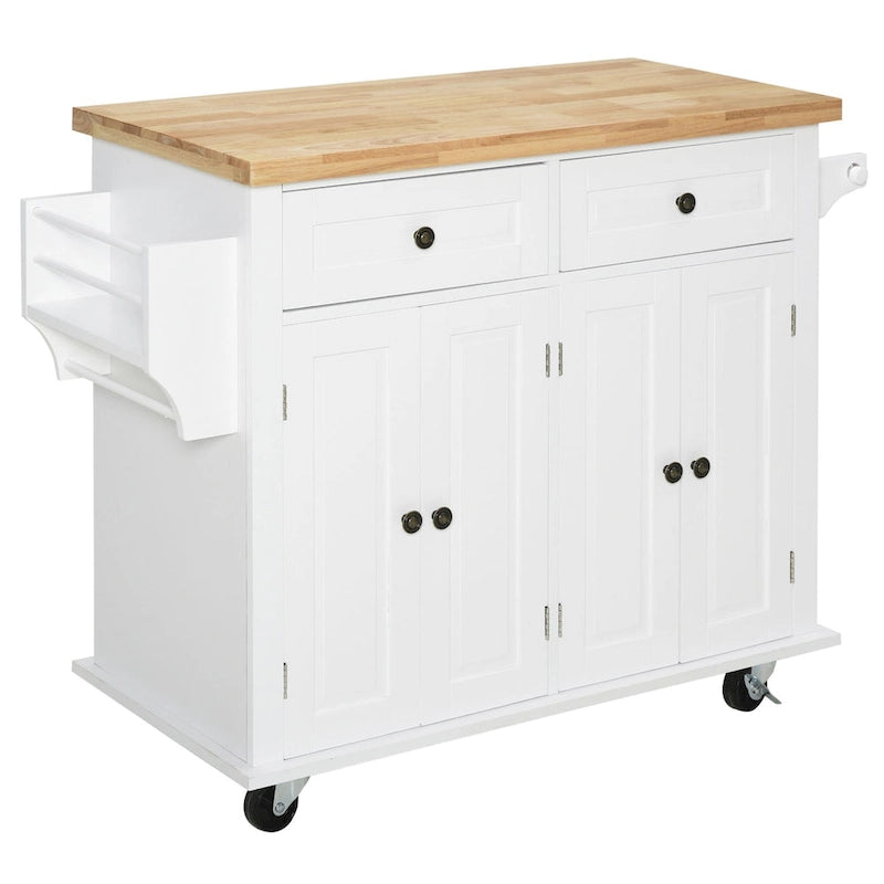 Rolling Kitchen Island Cart with Rubber Wood Top, Spice Rack, Towel Rack & Drawers for Dining Room