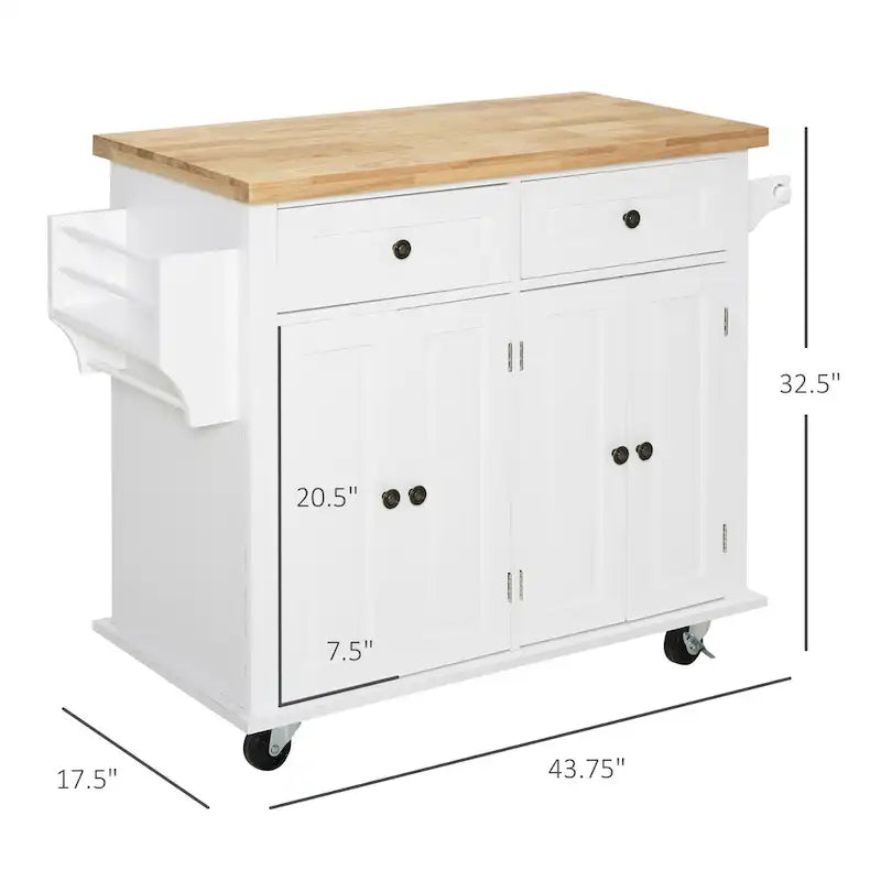 Rolling Kitchen Island Cart with Rubber Wood Top, Spice Rack, Towel Rack & Drawers for Dining Room