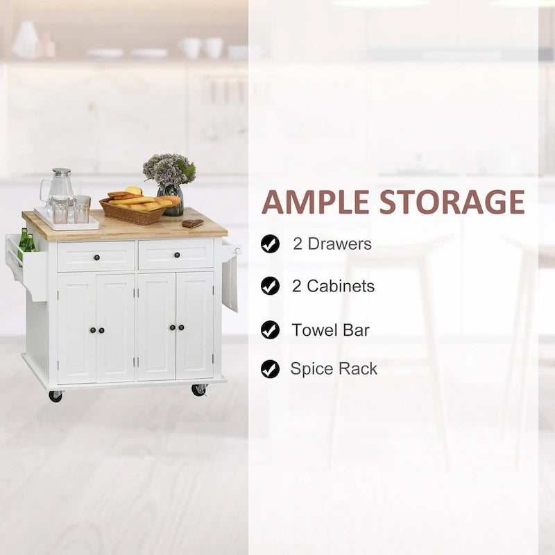 Rolling Kitchen Island Cart with Rubber Wood Top, Spice Rack, Towel Rack & Drawers for Dining Room
