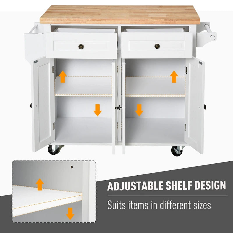 Rolling Kitchen Island Cart with Rubber Wood Top, Spice Rack, Towel Rack & Drawers for Dining Room