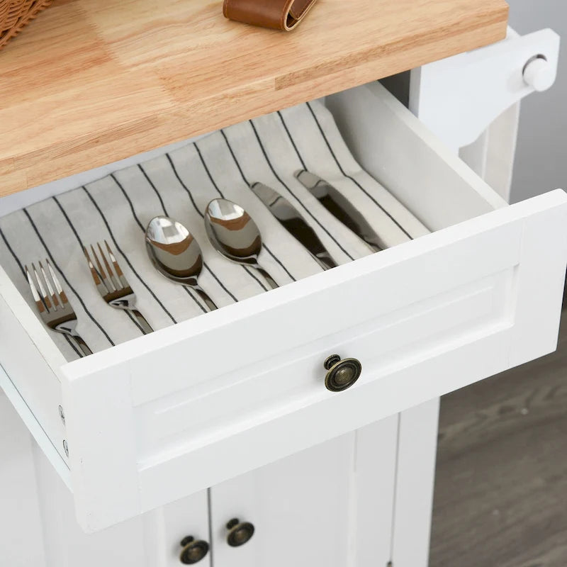 Rolling Kitchen Island Cart with Rubber Wood Top, Spice Rack, Towel Rack & Drawers for Dining Room