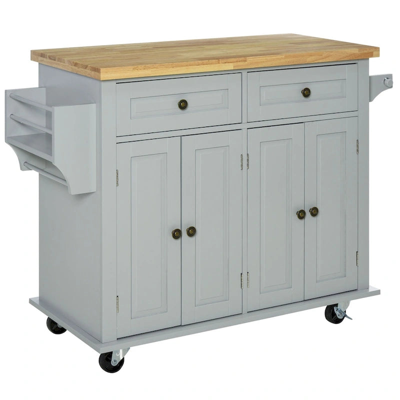 Rolling Kitchen Island Cart with Rubber Wood Top, Spice Rack, Towel Rack & Drawers for Dining Room