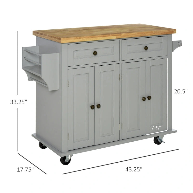 Rolling Kitchen Island Cart with Rubber Wood Top, Spice Rack, Towel Rack & Drawers for Dining Room