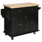 Rolling Kitchen Island Cart with Rubber Wood Top, Spice Rack, Towel Rack & Drawers for Dining Room
