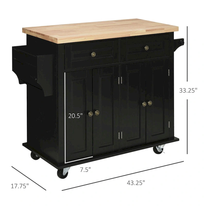 Rolling Kitchen Island Cart with Rubber Wood Top, Spice Rack, Towel Rack & Drawers for Dining Room