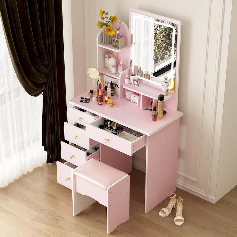 Makeup Vanity Set wi/Lighted Mirror, Storage Shelves and Drawers White - 31.5L x 15.7W x 55.1H