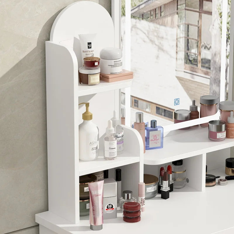 Makeup Vanity Set wi/Lighted Mirror, Storage Shelves and Drawers White - 31.5L x 15.7W x 55.1H