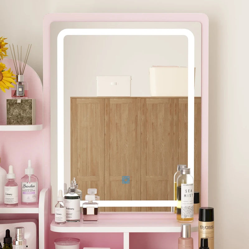 Makeup Vanity Set wi/Lighted Mirror, Storage Shelves and Drawers White - 31.5L x 15.7W x 55.1H