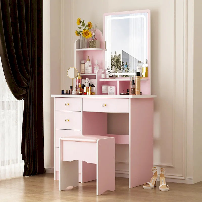 Makeup Vanity Set wi/Lighted Mirror, Storage Shelves and Drawers White - 31.5L x 15.7W x 55.1H