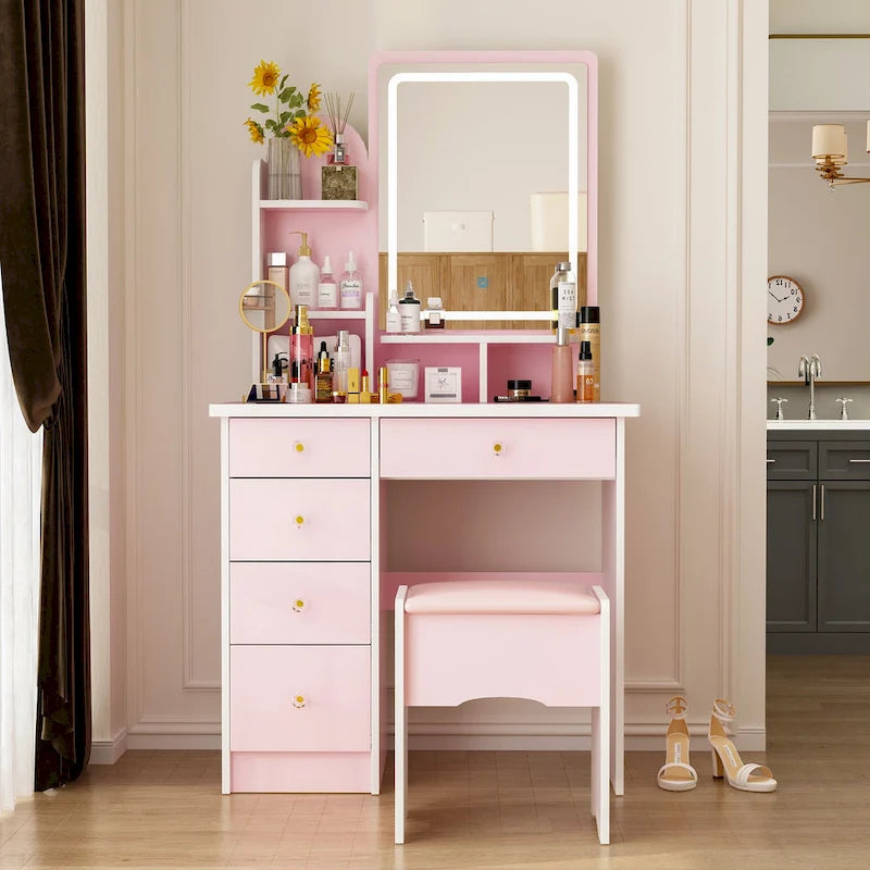 Makeup Vanity Set wi/Lighted Mirror, Storage Shelves and Drawers White - 31.5L x 15.7W x 55.1H