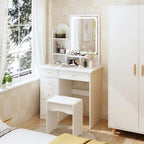 Makeup Vanity Set wi/Lighted Mirror, Storage Shelves and Drawers White - 31.5L x 15.7W x 55.1H