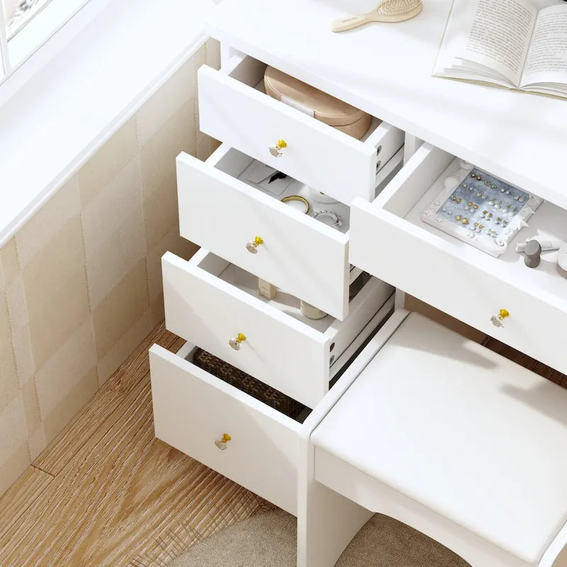 Makeup Vanity Set wi/Lighted Mirror, Storage Shelves and Drawers White - 31.5L x 15.7W x 55.1H