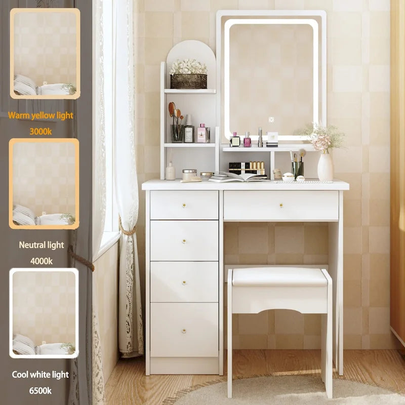 Makeup Vanity Set wi/Lighted Mirror, Storage Shelves and Drawers White - 31.5L x 15.7W x 55.1H