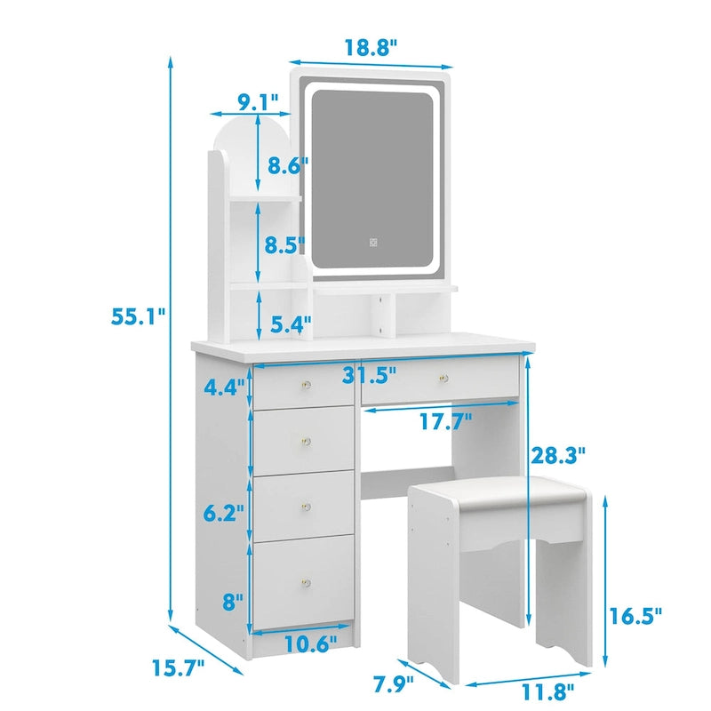 Makeup Vanity Set wi/Lighted Mirror, Storage Shelves and Drawers White - 31.5L x 15.7W x 55.1H