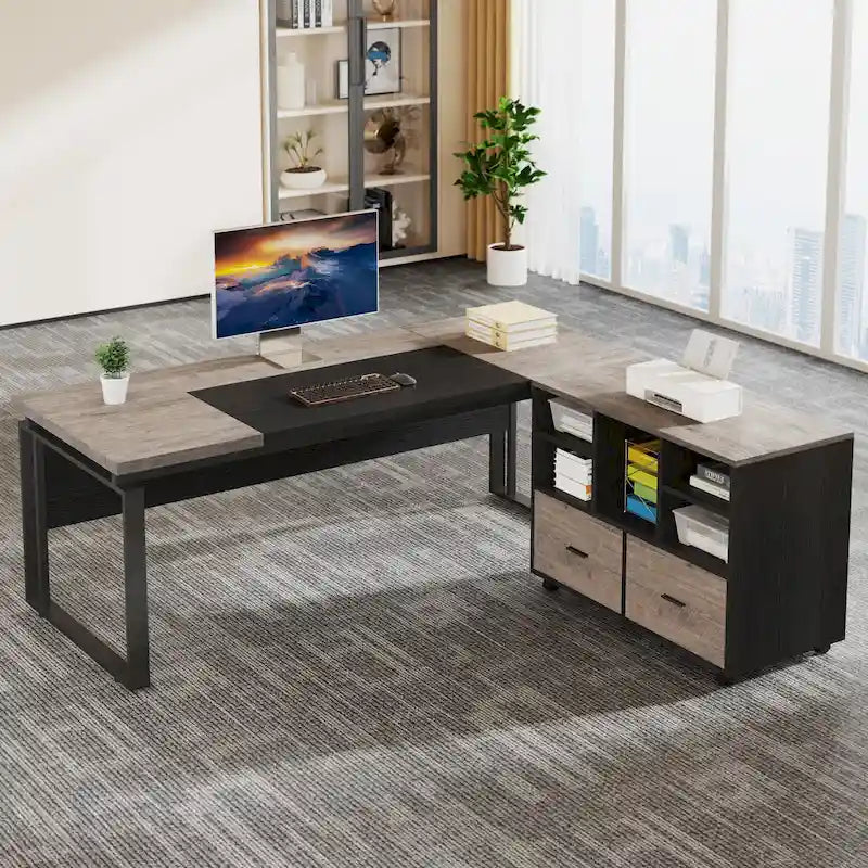 63 L-Shaped Computer Desk Executive Desks with Reversible File Cabinet and Storage Drawers for Home Office