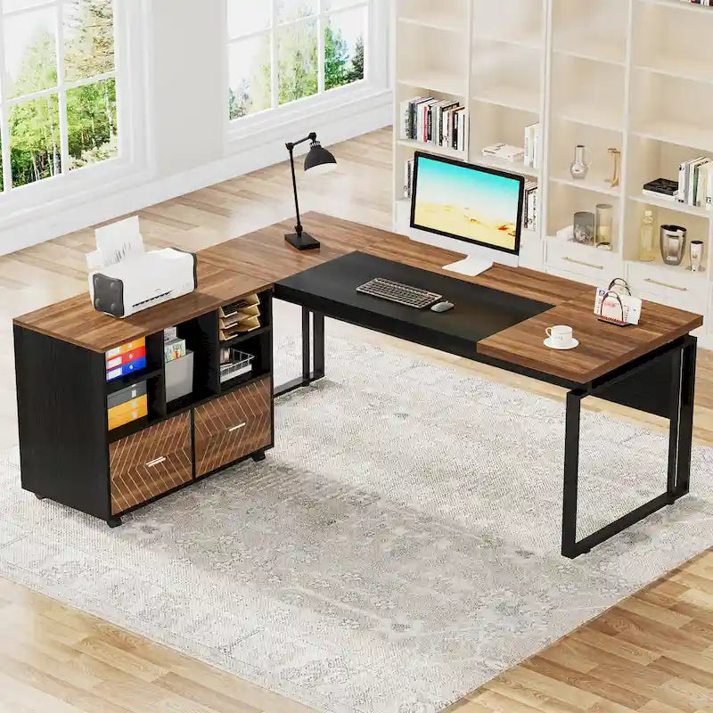 63 L-Shaped Computer Desk Executive Desks with Reversible File Cabinet and Storage Drawers for Home Office