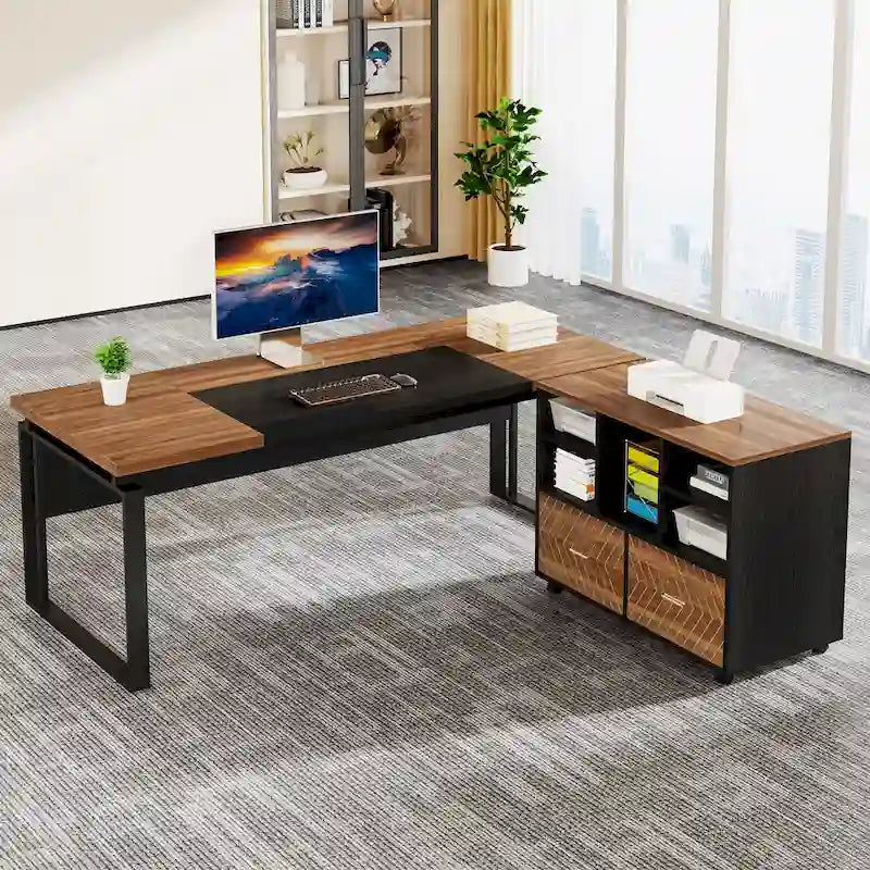 63 L-Shaped Computer Desk Executive Desks with Reversible File Cabinet and Storage Drawers for Home Office