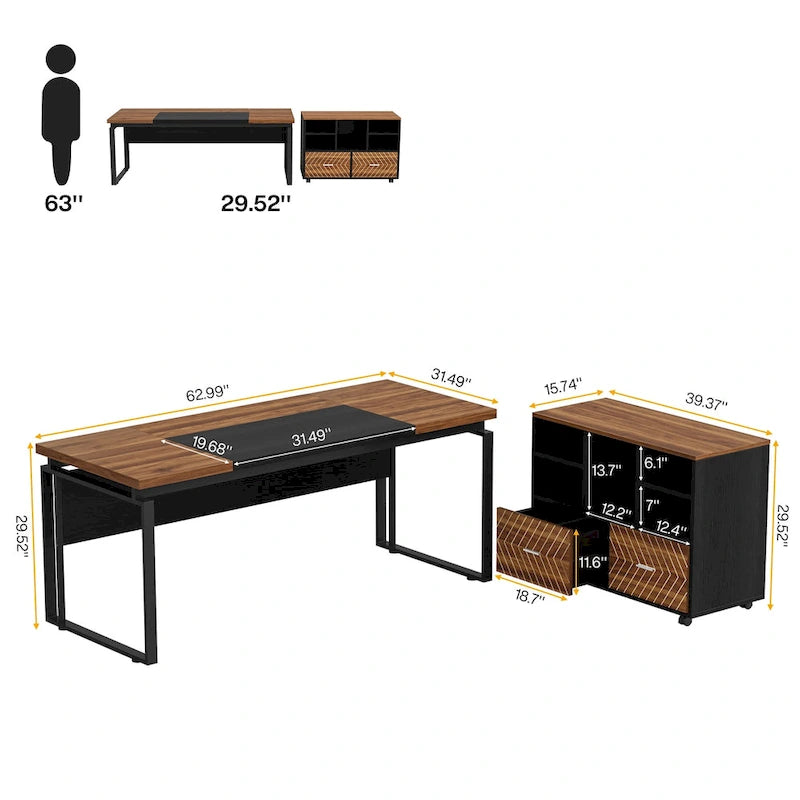 63 L-Shaped Computer Desk Executive Desks with Reversible File Cabinet and Storage Drawers for Home Office