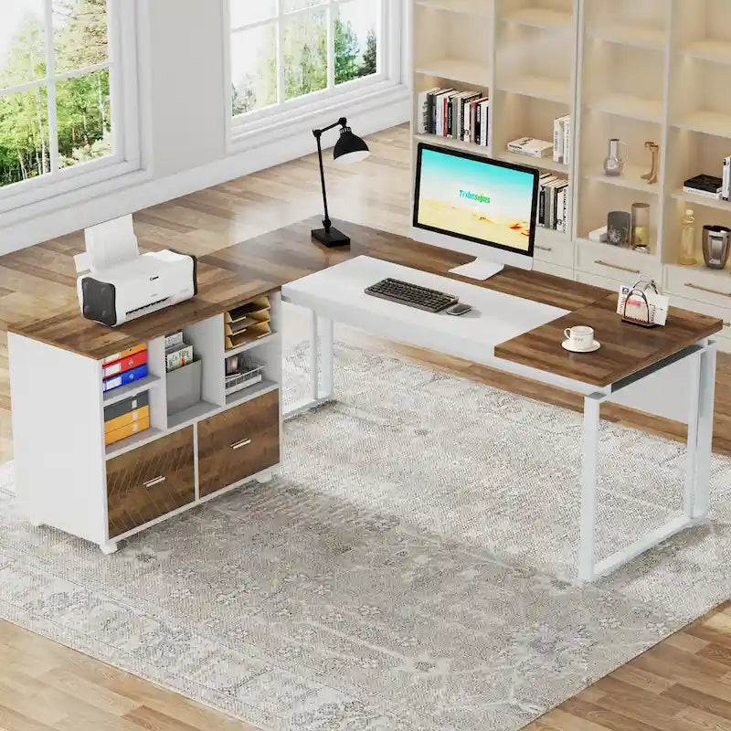 63 L-Shaped Computer Desk Executive Desks with Reversible File Cabinet and Storage Drawers for Home Office