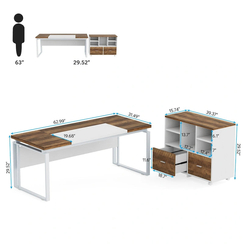 63 L-Shaped Computer Desk Executive Desks with Reversible File Cabinet and Storage Drawers for Home Office