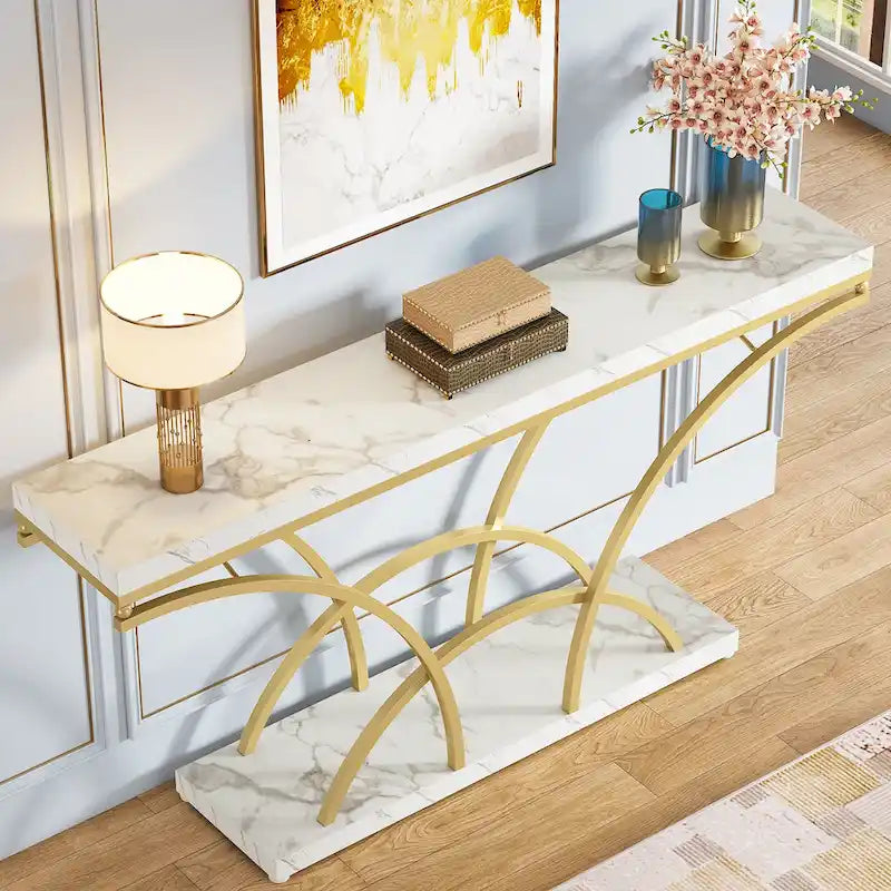 70.9 Inch Long Console Table Gold Sofa Table with White Faux Marble Tabletop for Entryway Living Room