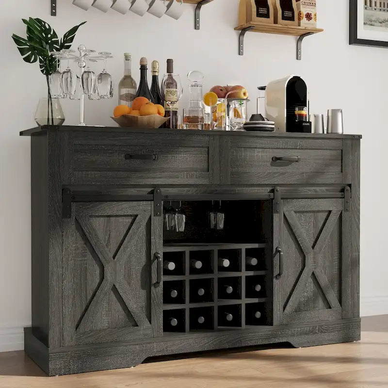 51.96 Inch Bar Cabinet with Wine Rack and Large Storage