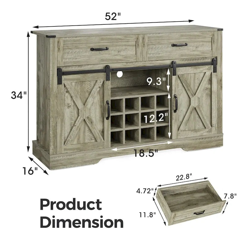 51.96 Inch Bar Cabinet with Wine Rack and Large Storage