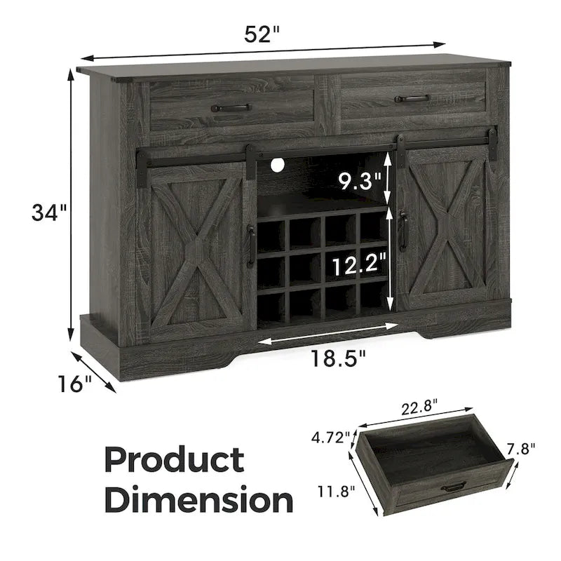 51.96 Inch Bar Cabinet with Wine Rack and Large Storage