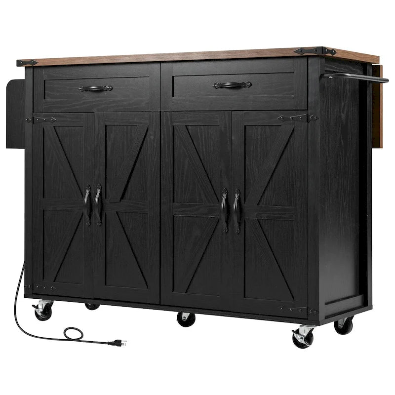 53.5 in. W Farmhouse Rolling Kitchen Island Cart with Drop Leaf and Power Outlet