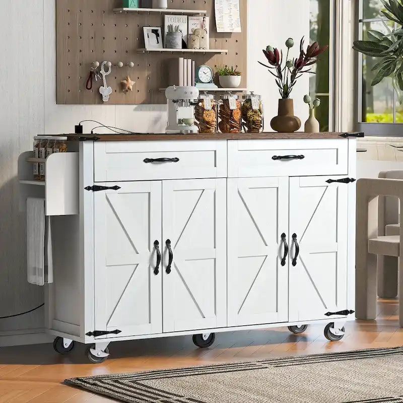 53.5 in. W Farmhouse Rolling Kitchen Island Cart with Drop Leaf and Power Outlet