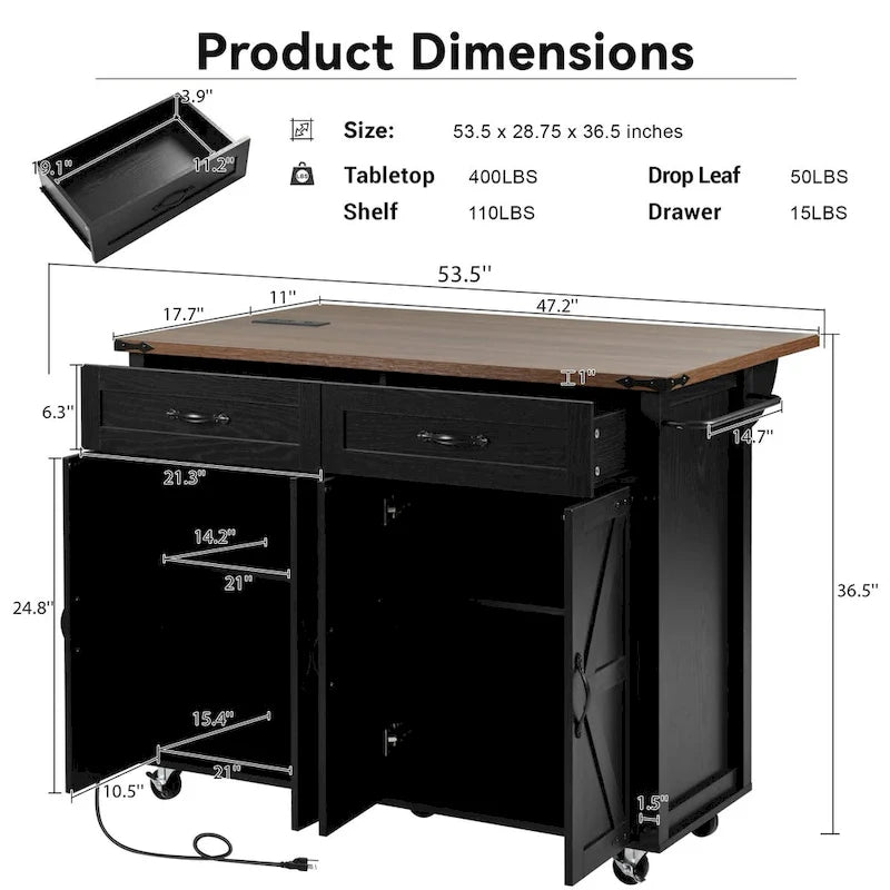 53.5 in. W Farmhouse Rolling Kitchen Island Cart with Drop Leaf and Power Outlet