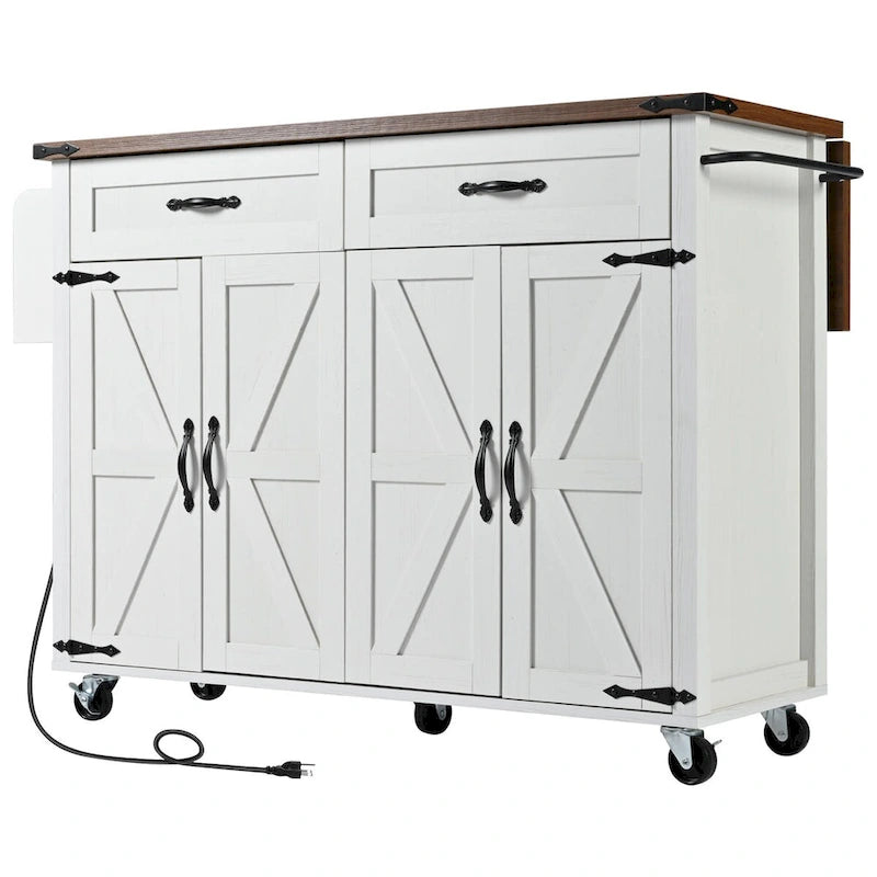 53.5 in. W Farmhouse Rolling Kitchen Island Cart with Drop Leaf and Power Outlet