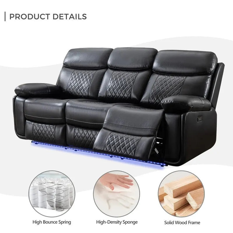 Power Reclining Sofa with Wireless Charger,Reading Light,LED Light for Living Room,Faux Leather,AC/USB Port,Cup Holder,Black