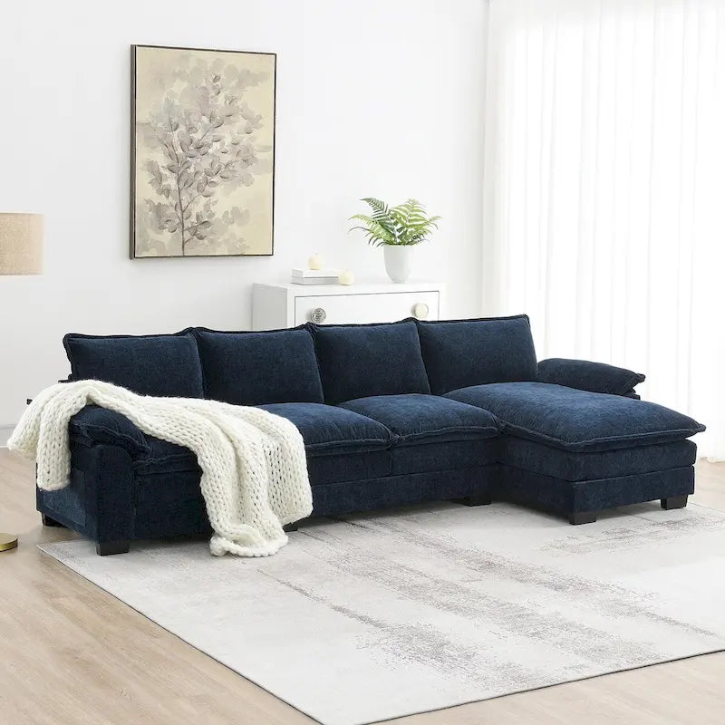 118*55 L-shaped Chenille Cloud Sofa with Double Seat Cushions, 5-seat Upholstered Sleeper Sofa Couch with Chaise Lounge