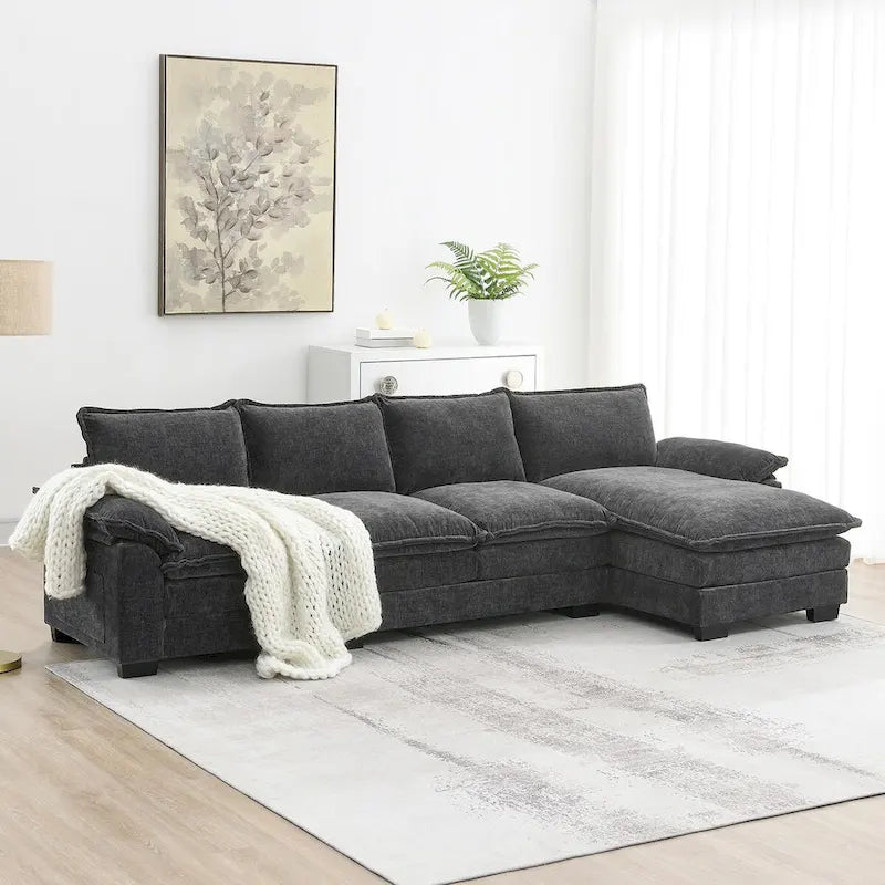 118*55 L-shaped Chenille Cloud Sofa with Double Seat Cushions, 5-seat Upholstered Sleeper Sofa Couch with Chaise Lounge