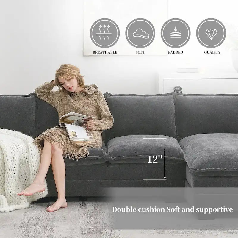 118*55 L-shaped Chenille Cloud Sofa with Double Seat Cushions, 5-seat Upholstered Sleeper Sofa Couch with Chaise Lounge