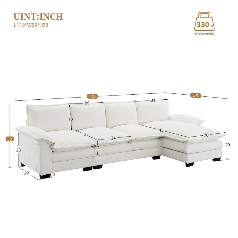 118*55 L-shaped Chenille Cloud Sofa with Double Seat Cushions, 5-seat Upholstered Sleeper Sofa Couch with Chaise Lounge