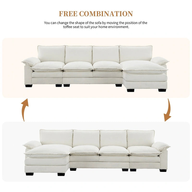 118*55 L-shaped Chenille Cloud Sofa with Double Seat Cushions, 5-seat Upholstered Sleeper Sofa Couch with Chaise Lounge