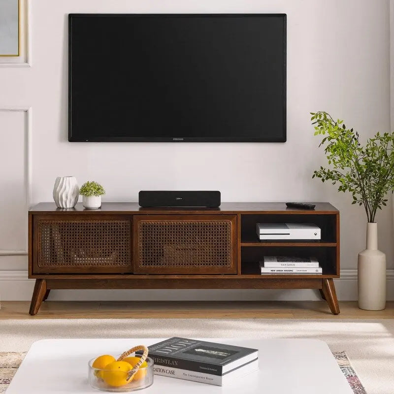 Modern Rattan TV Stand for 65 Inch TV, Entertainment Cabinet, Media Console