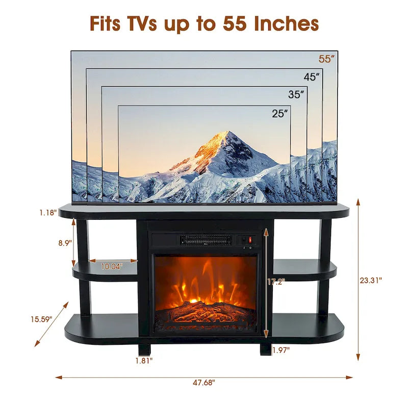 48 Modern Black Electric Fireplace TV Stands Media Console for TVs up to 55