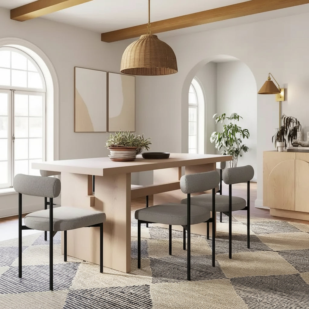 Modern style six-person dining table, small rectangular table, solid wood legs.